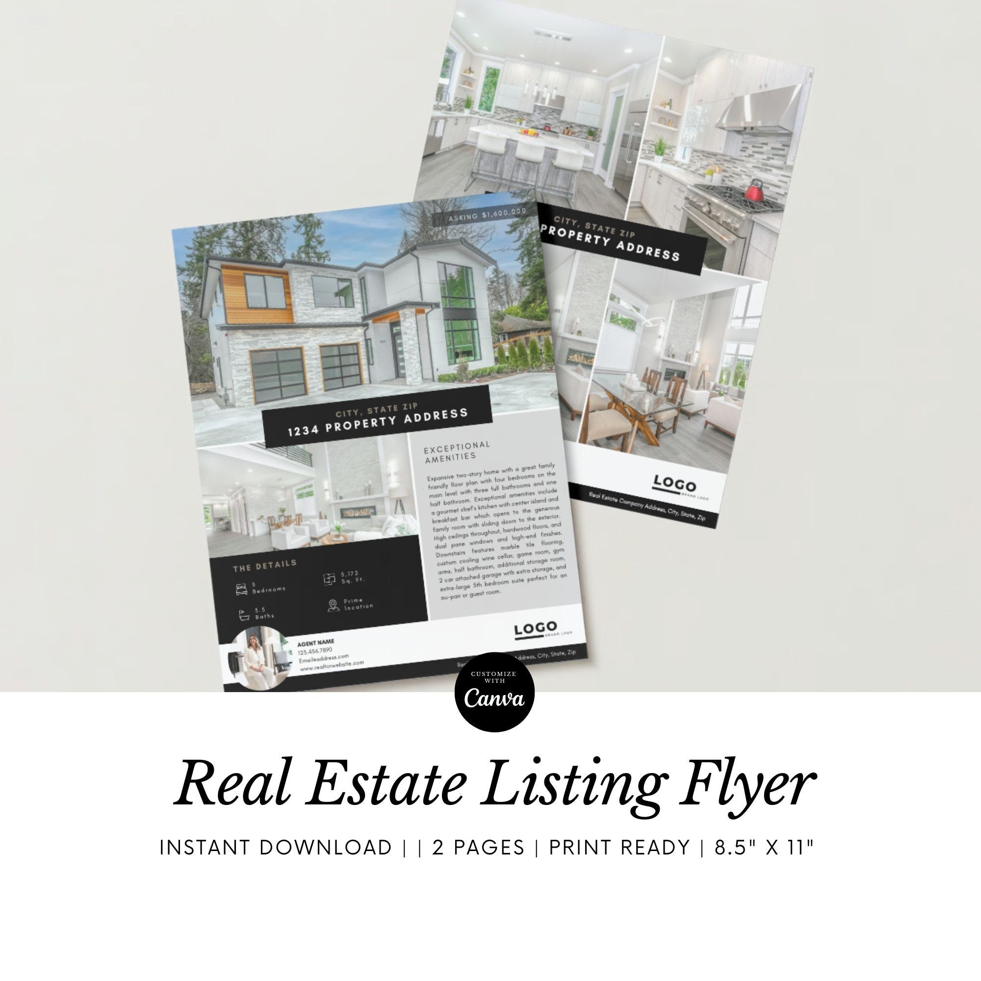 Real Estate Listing Flyer | 2 Page Flyer Template | Realtor Marketing | Edit in Canva