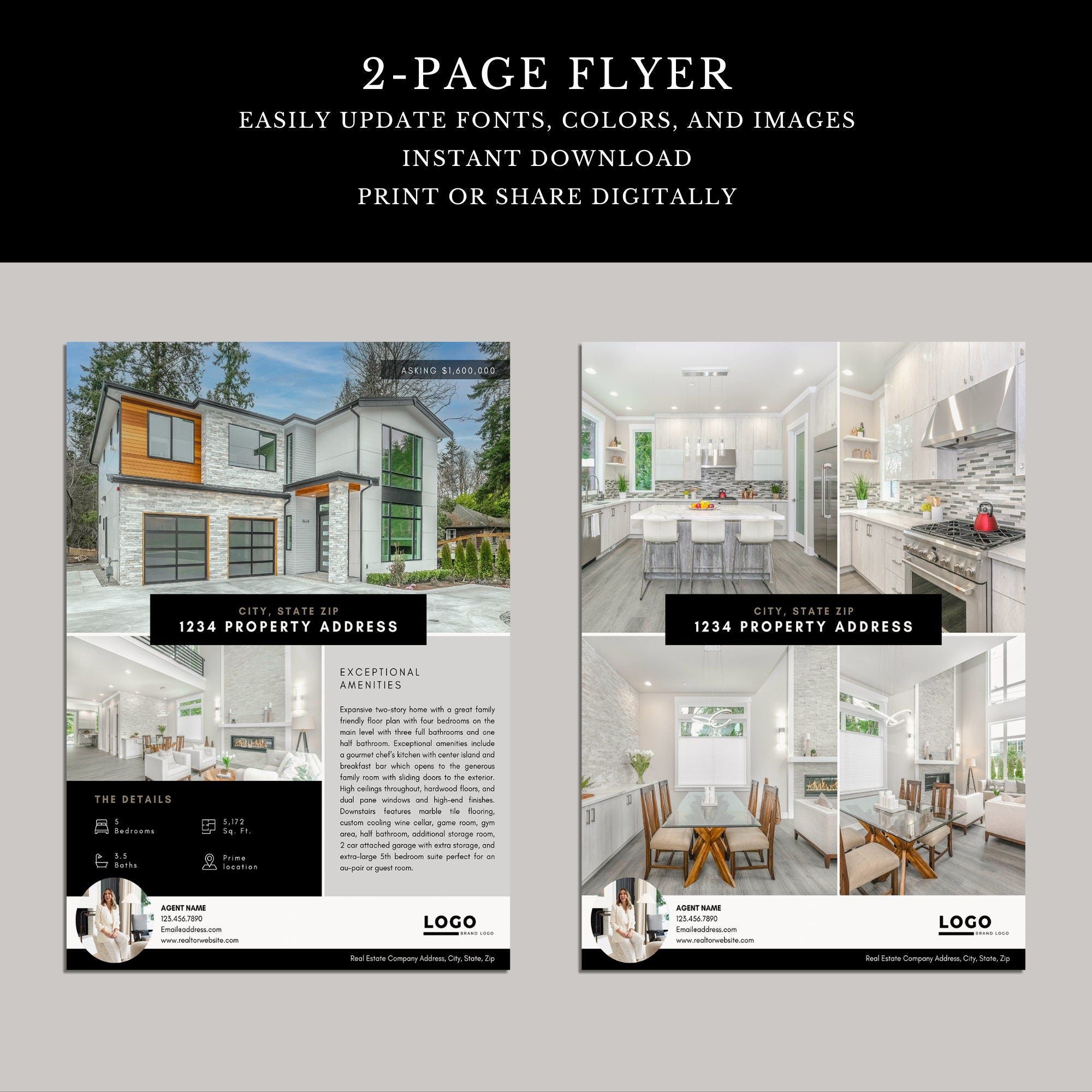 Real Estate Listing Flyer | 2 Page Flyer Template | Realtor Marketing | Edit in Canva