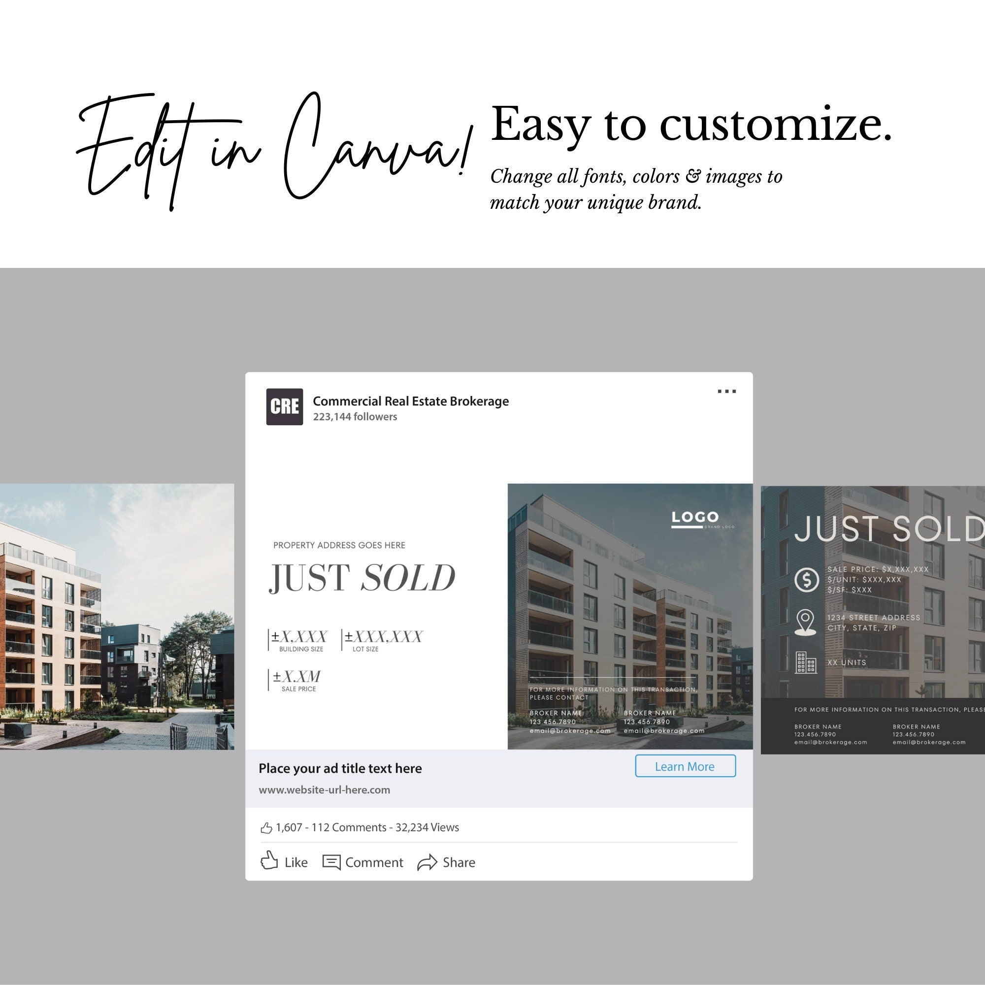 Commercial Real Estate LinkedIn Post Templates: Canva Editable (Digital Download)