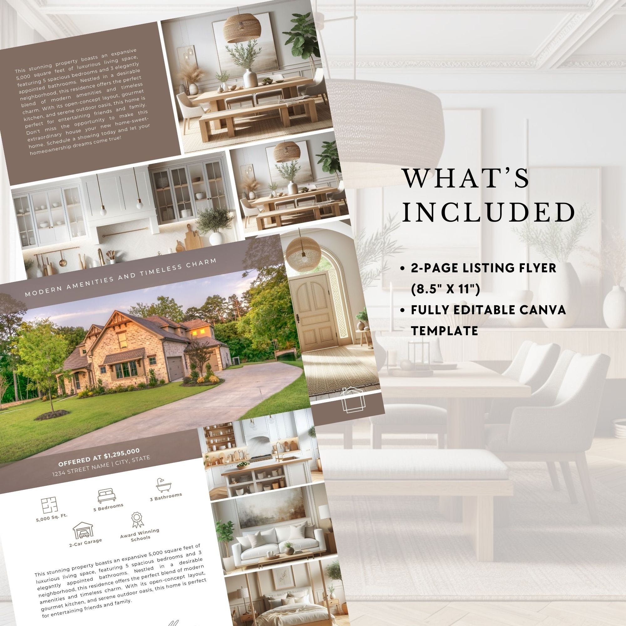 Real Estate Listing Flyer: 2-Page Canva Template (Digital Download)