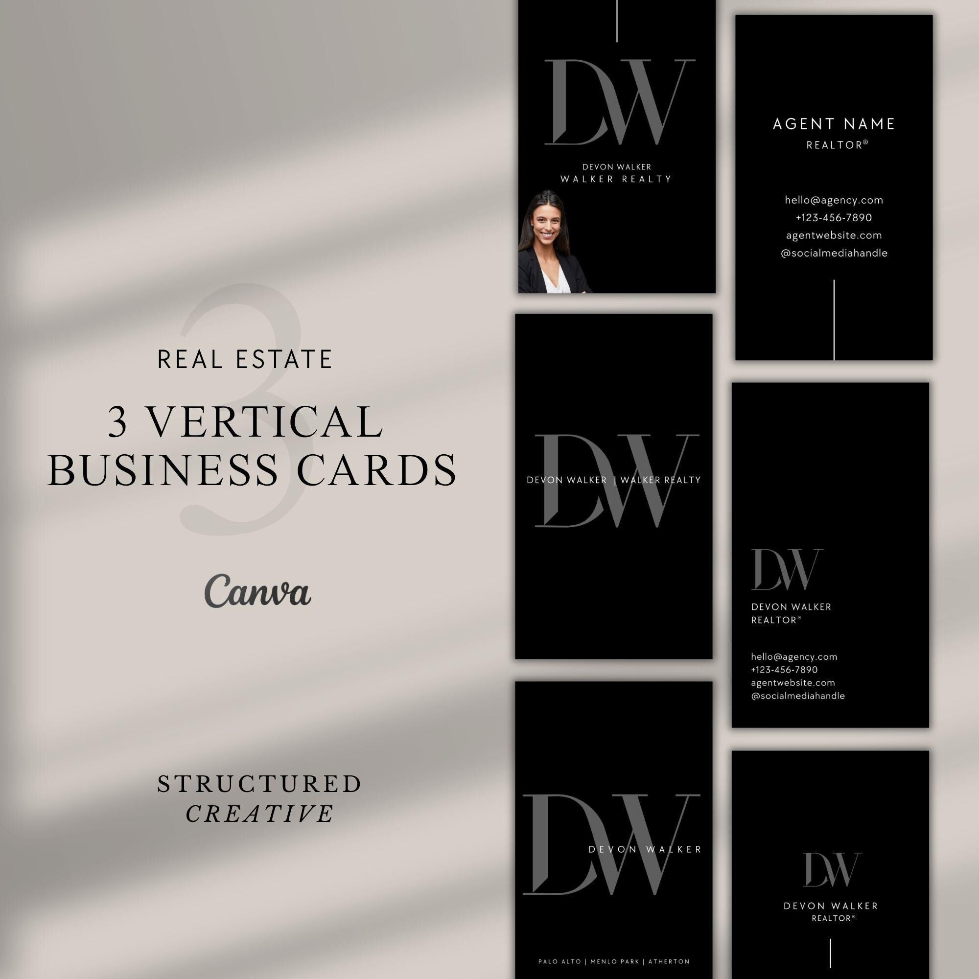 Real Estate Business Card Templates – 3-Pack Vertical Canva Designs (Photo + No-Photo Options)