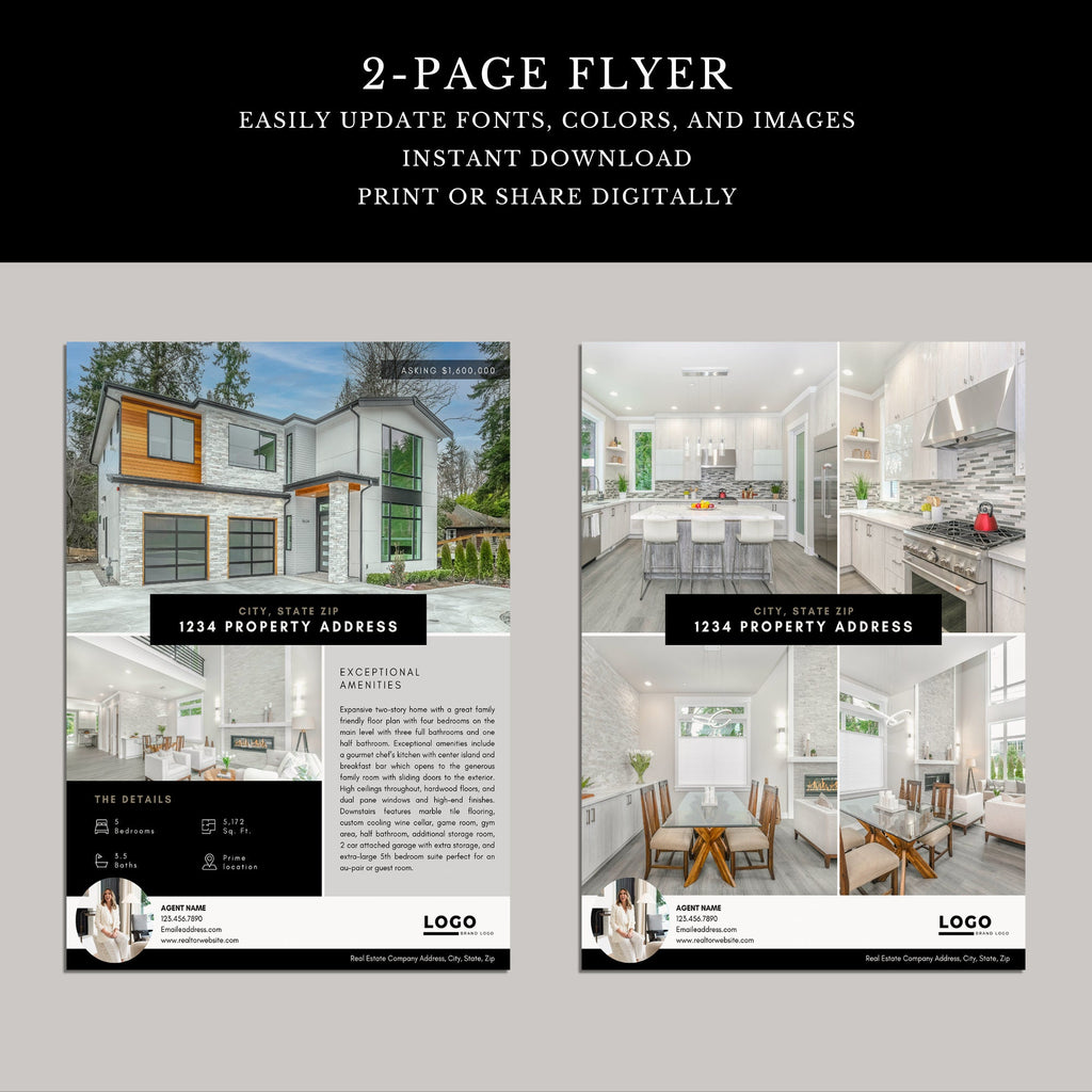 Real Estate Listing Flyer | 2 Page Flyer Template | Realtor Marketing | Edit in Canva