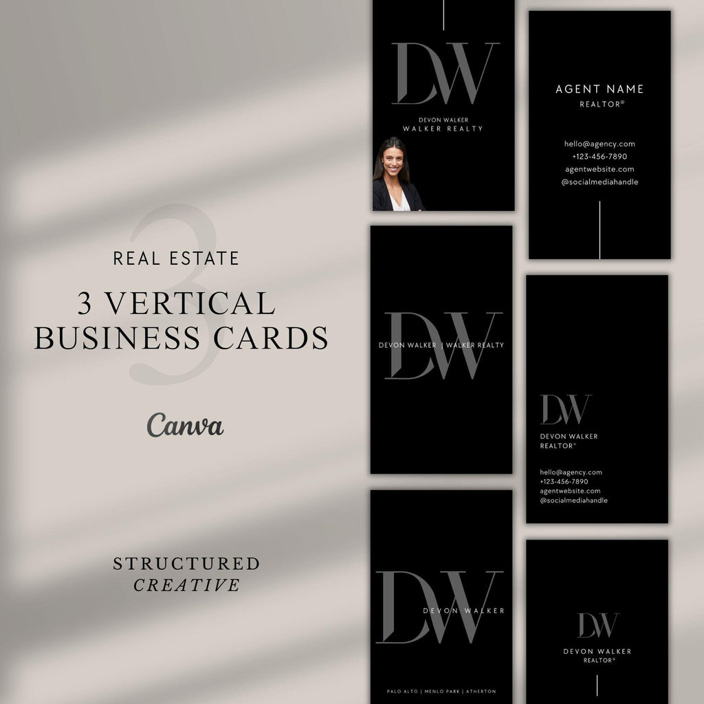 Real Estate Business Card Templates – 3-Pack Vertical Canva Designs (Photo + No-Photo Options)
